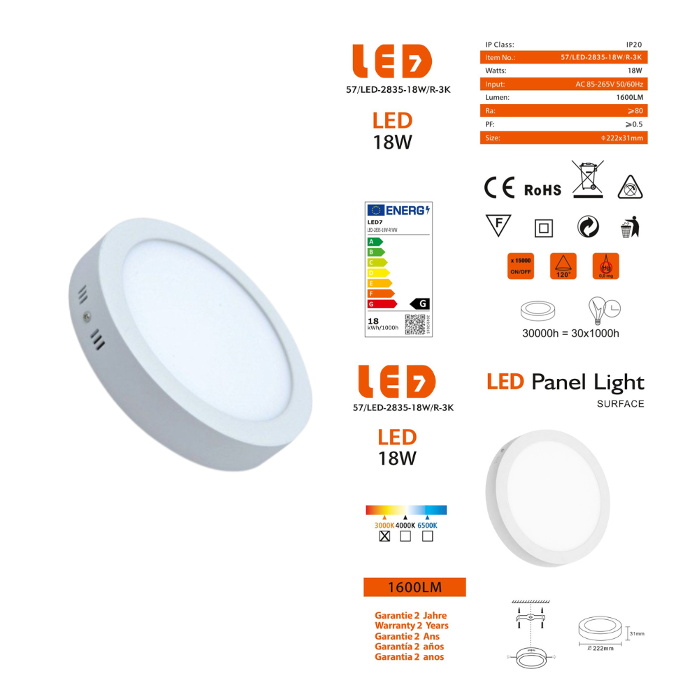 Plafon Redondo Saliente Branco 18W 1550lm Ø225mm