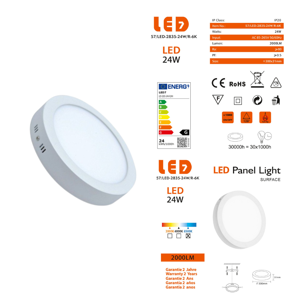 Plafon Redondo Saliente Branco 24W 2000lm Ø300mm