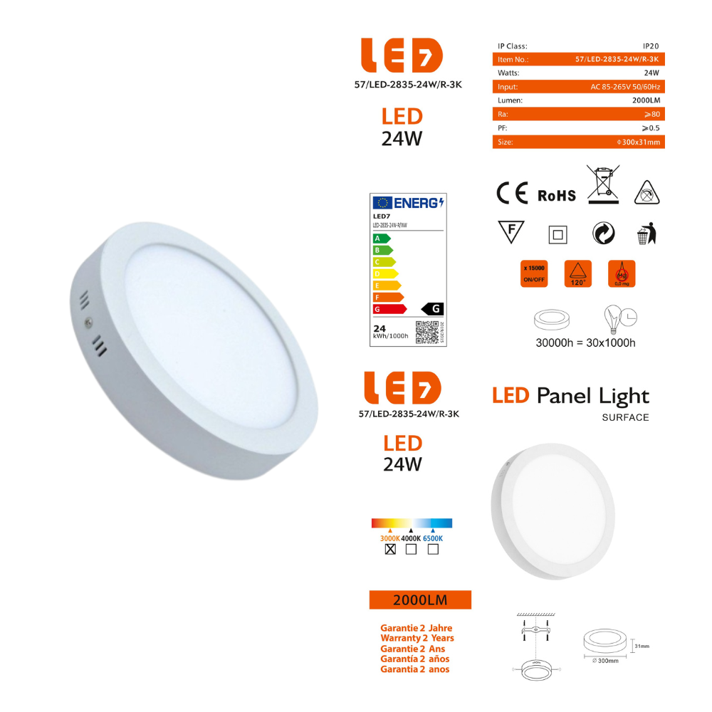 Plafon Redondo Saliente Branco 24W 2000lm Ø300mm