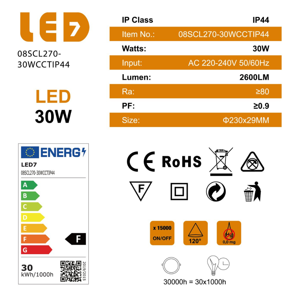 DOWNLIGHT LED 30W 2600LM CCT IP44 Ø230*29mm CORTE: 190mm LED7