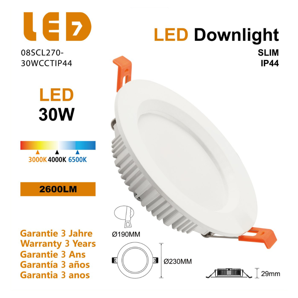 DOWNLIGHT LED 30W 2600LM CCT IP44 Ø230*29mm CORTE: 190mm LED7