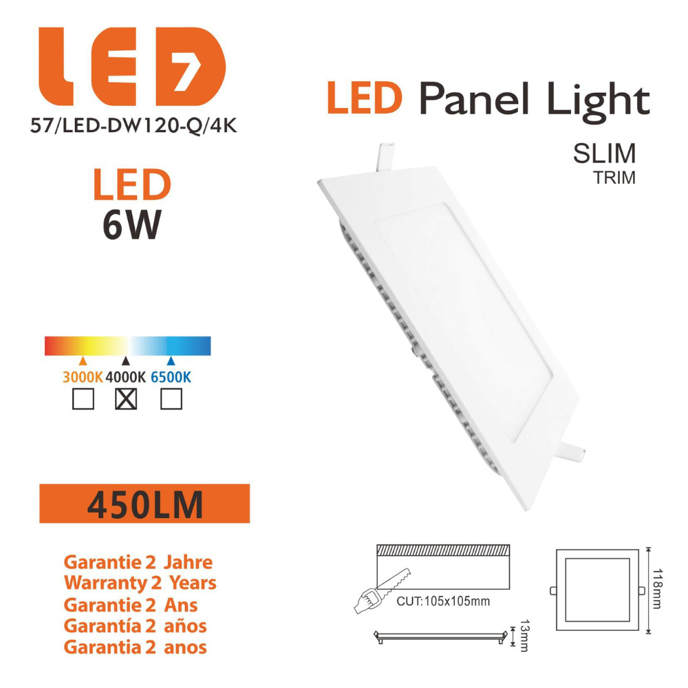 Painel Led Quadrado Encastrar 6W 450lm LED7