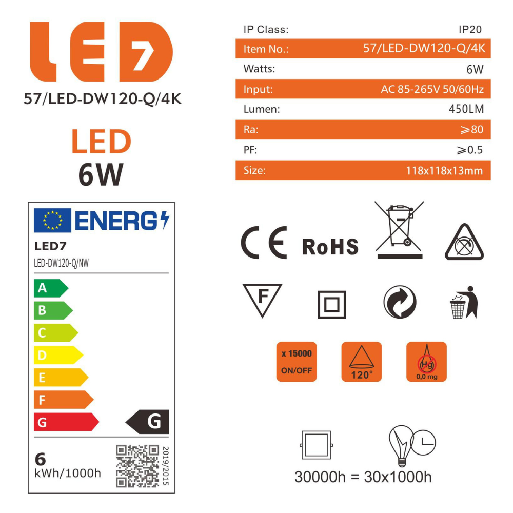 Painel Led Quadrado Encastrar 6W 450lm LED7