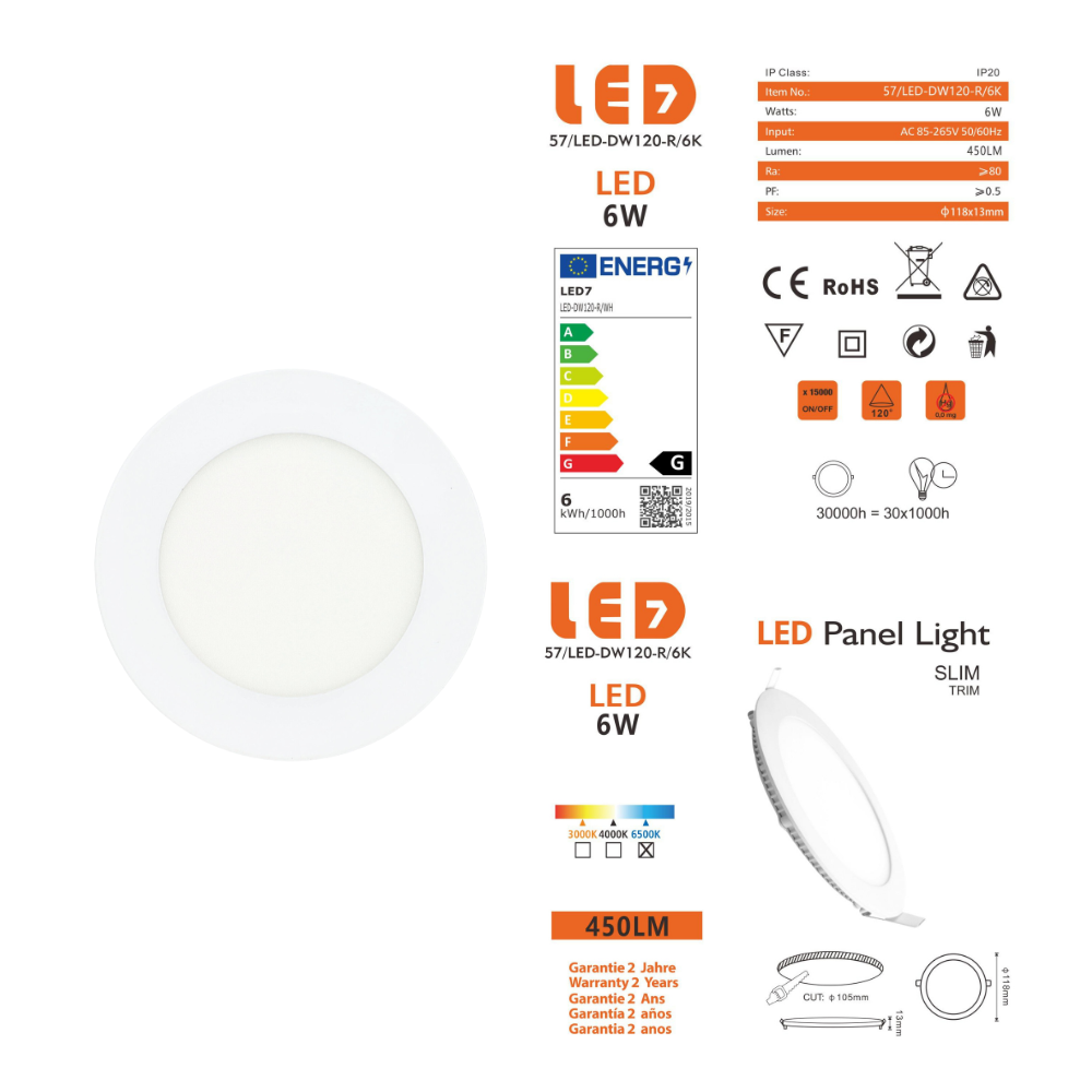 Painel Led Redondo Encastrar 6W 450lm LED7