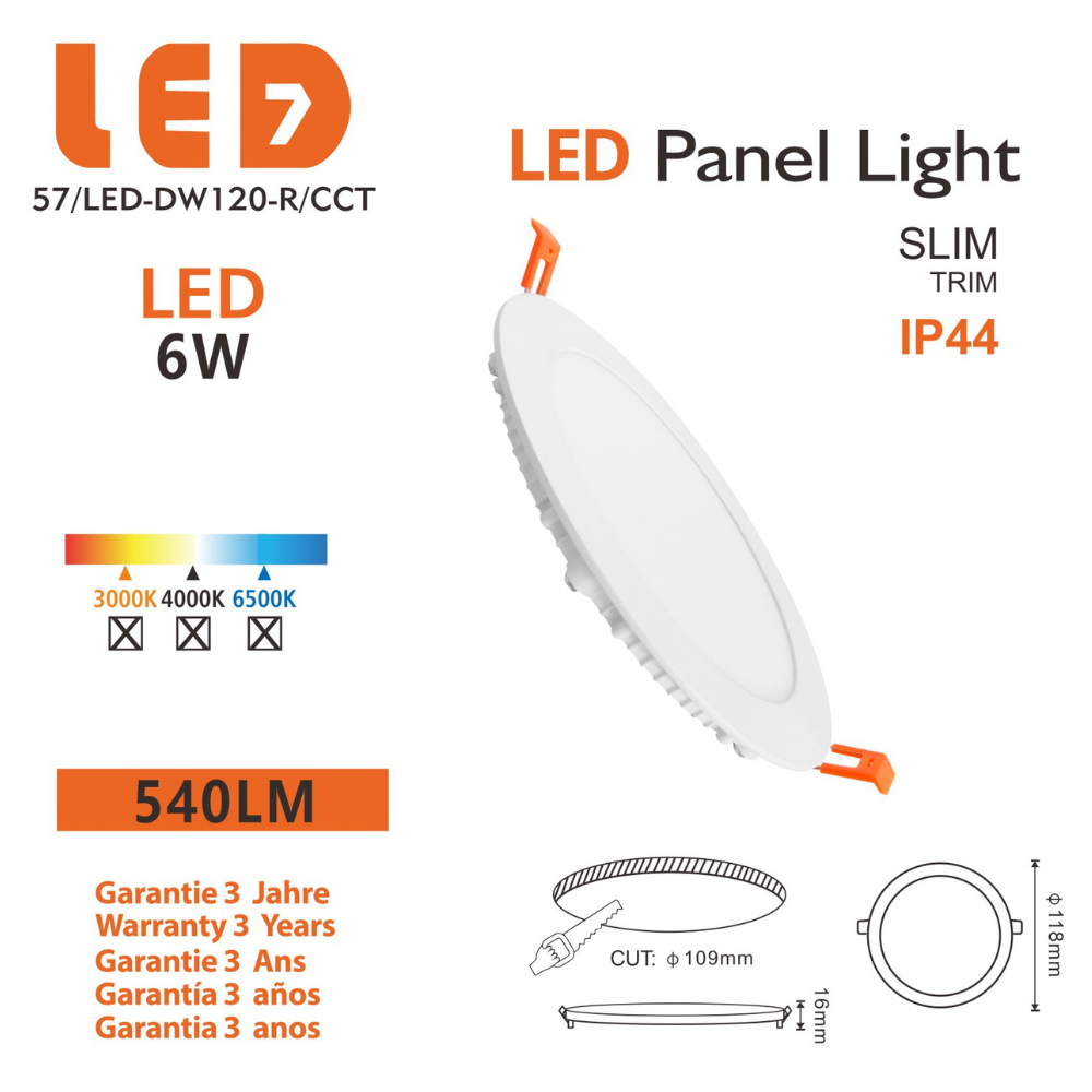 Painel LED Redondo Embutir 6W 540LM CCT Ø118*16MM IP44 LED7