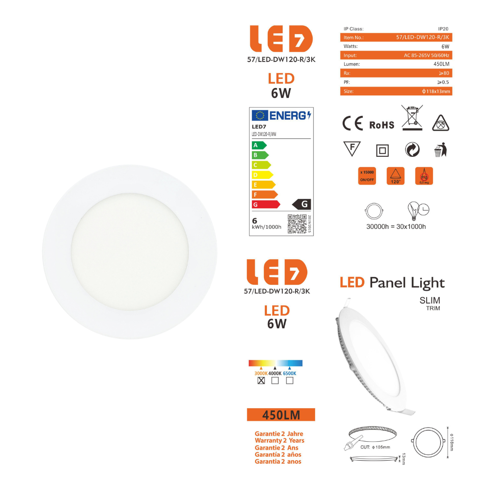 Painel Led Redondo Encastrar 6W 450lm LED7