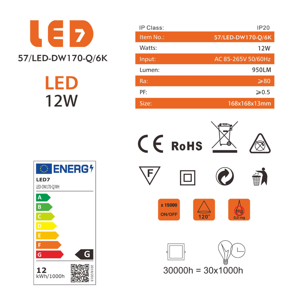 Painel Led Quadrado Encastrar 12W 950lm LED7