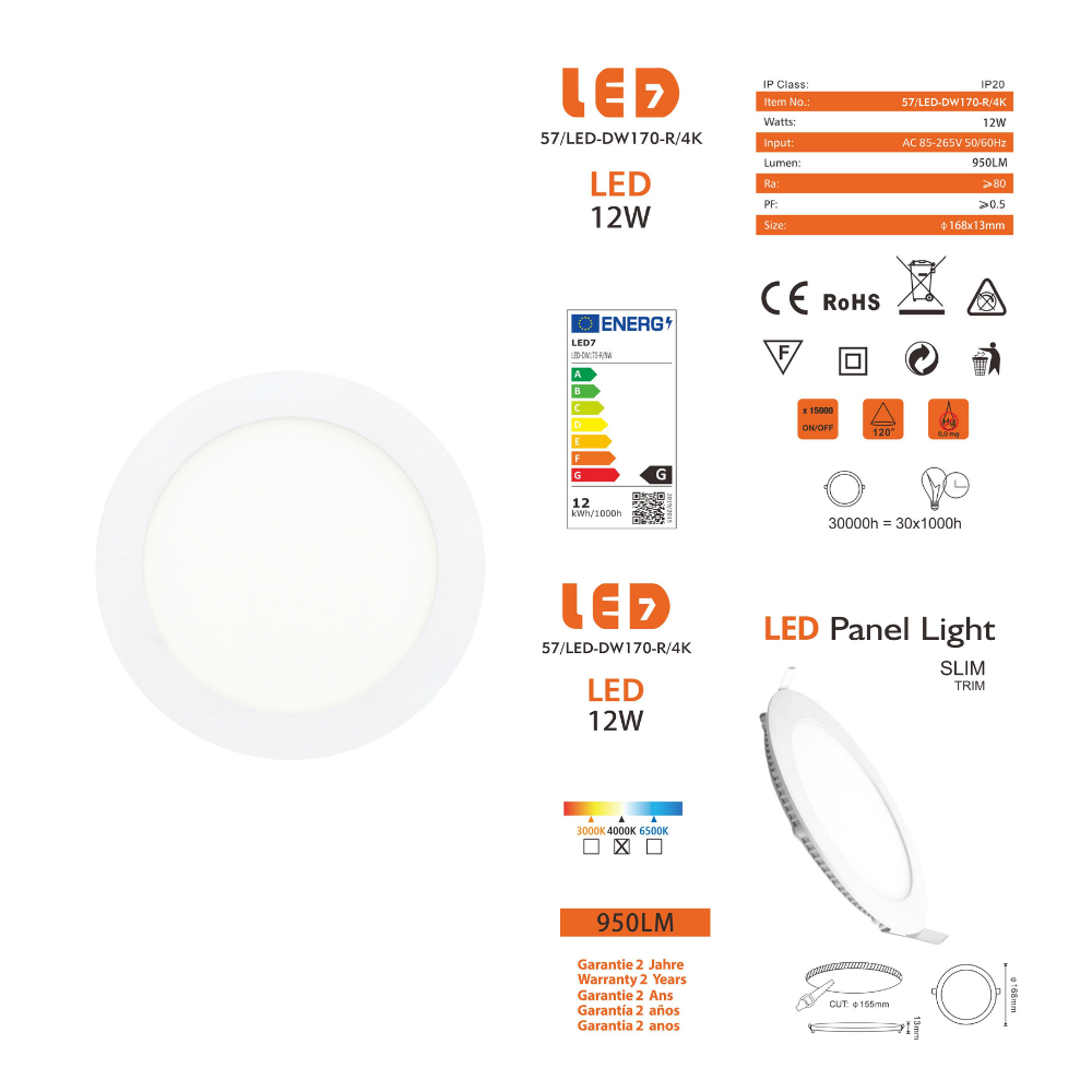 Painel Led Redondo Encastrar 12W 950lm LED7