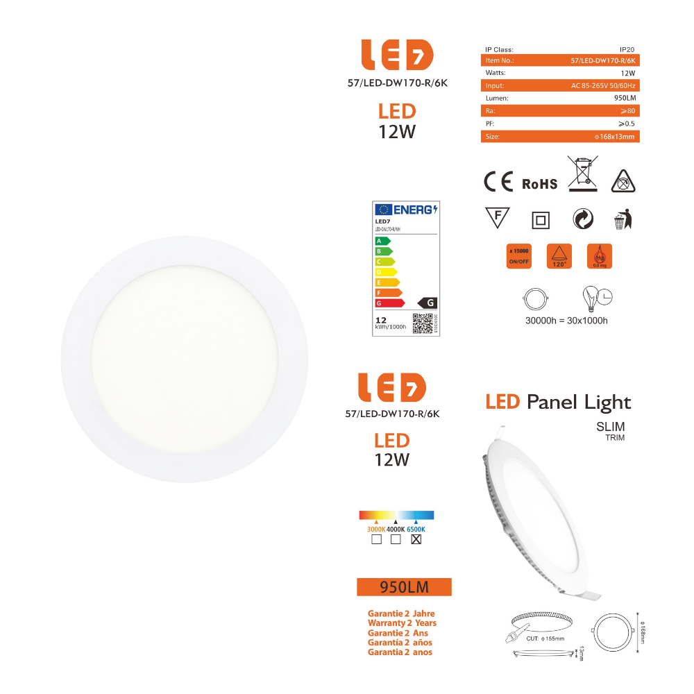 Painel Led Redondo Encastrar 12W 950lm LED7