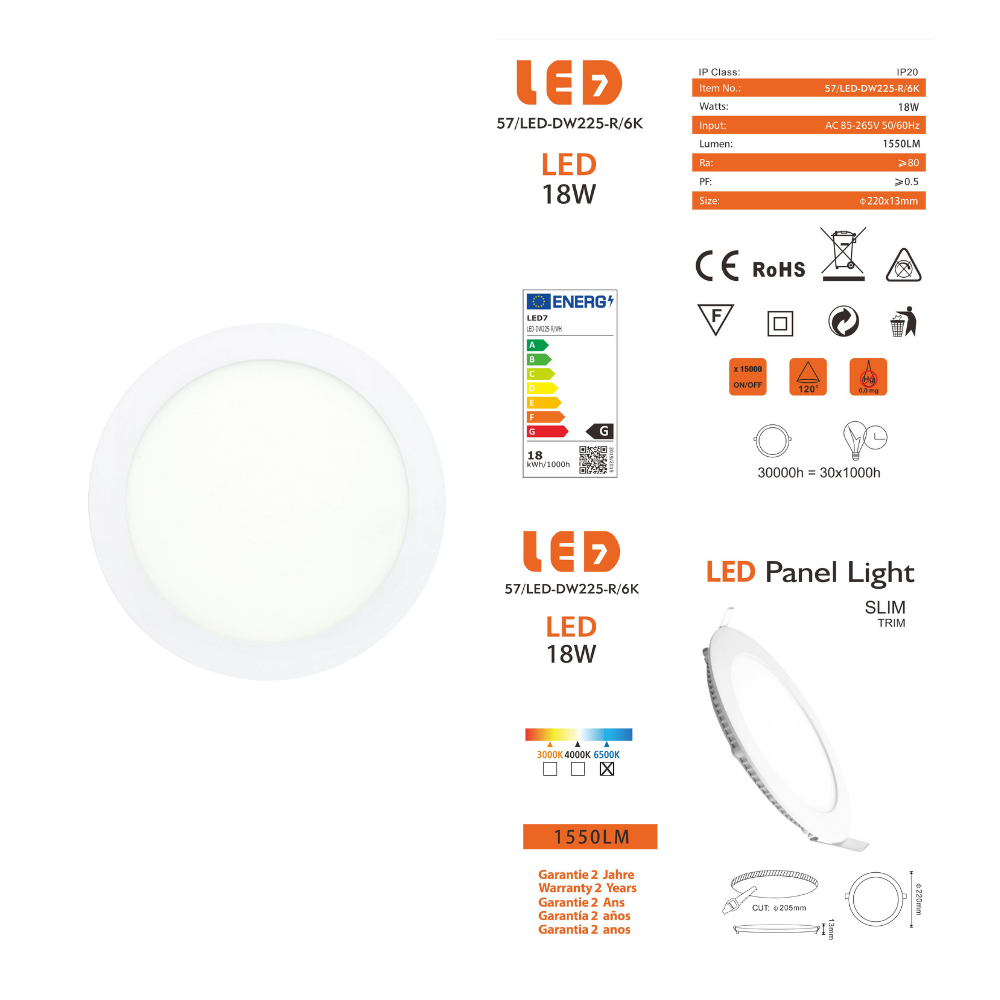 Painel Led Redondo Encastrar 18W 1550lm LED7