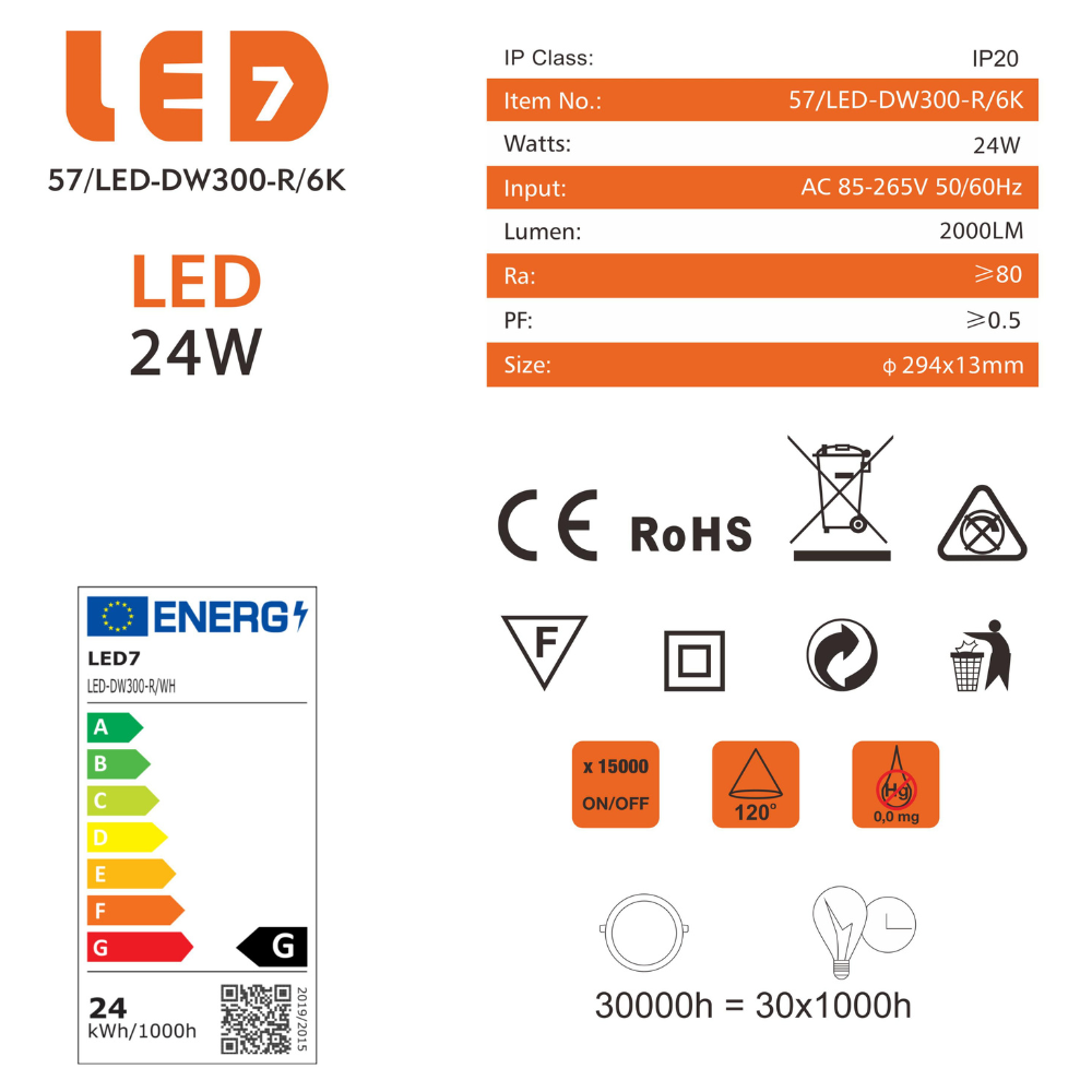 Painel Led Redondo Encastrar 24W 2000lm LED7