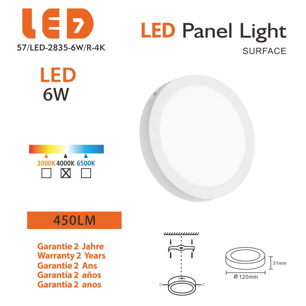 Plafon Redondo Saliente Branco 6W 450lm Ø120mm