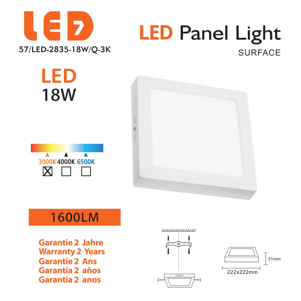 Painel Saliente Quadrado 18W 1600LM 222*222mm IP20 LED7