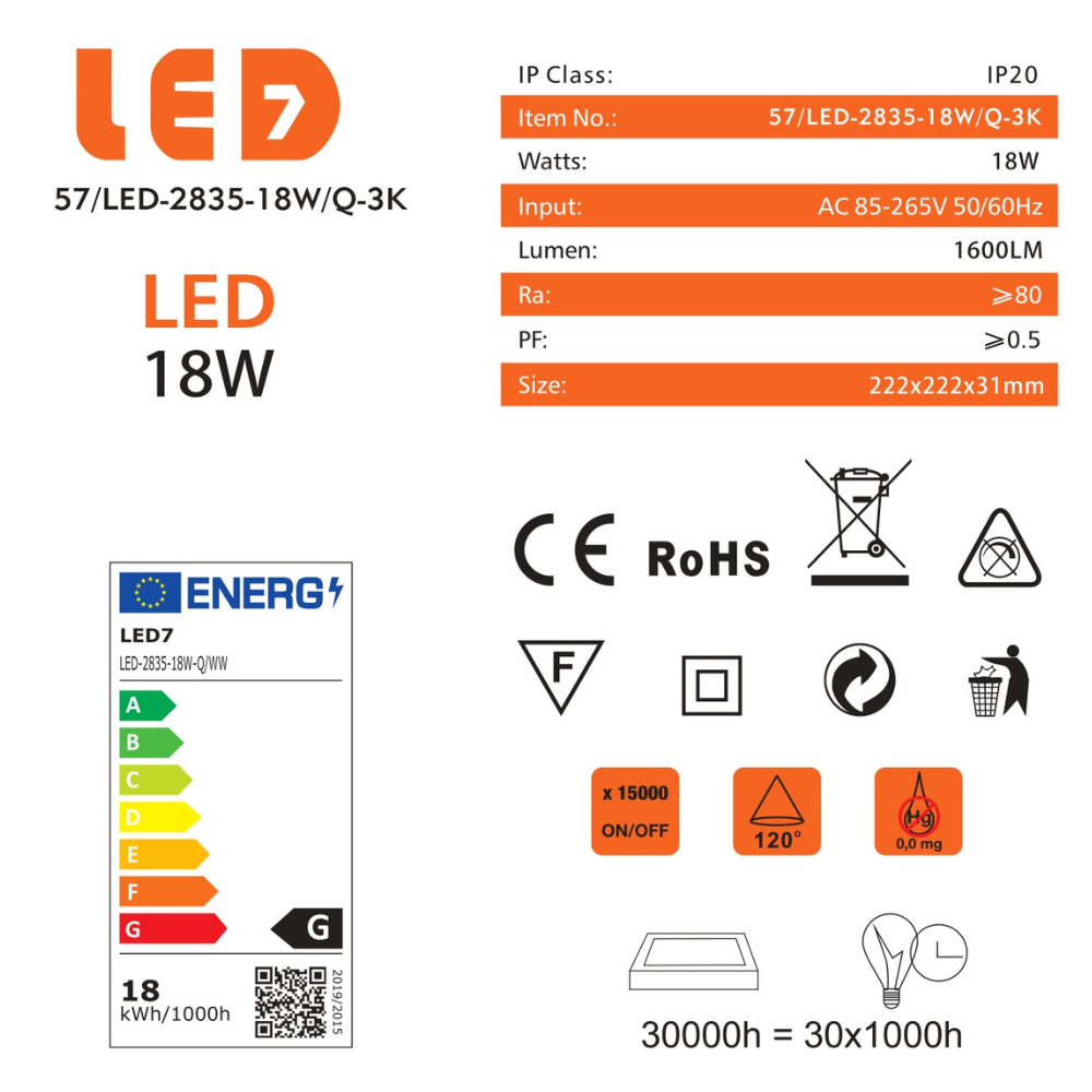 Painel Saliente Quadrado 18W 1600LM 222*222mm IP20 LED7