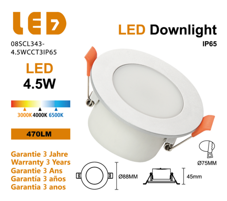 DOWNLIGHT REDONDO CCT 4,5W 470LM IP65 50º Ø88mm LED7