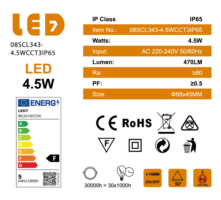 DOWNLIGHT REDONDO CCT 4,5W 470LM IP65 50º Ø88mm LED7