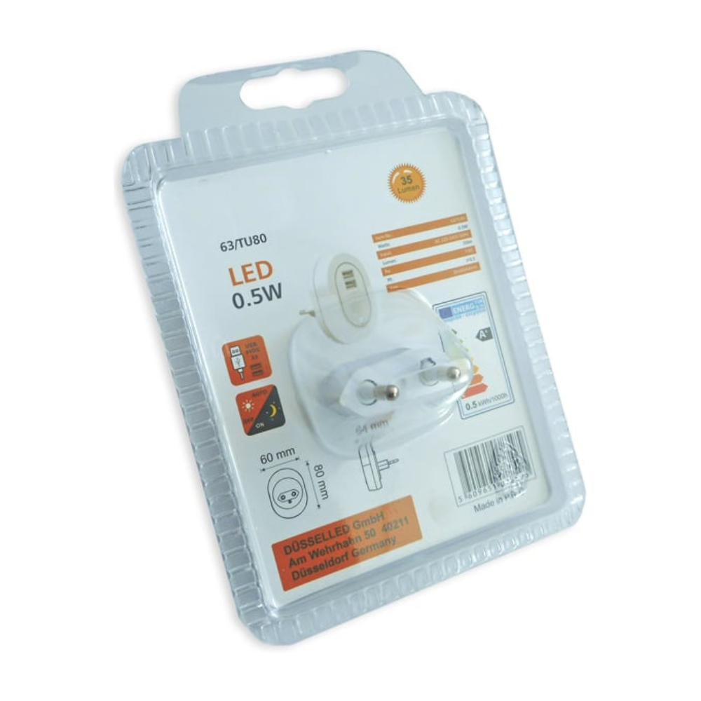 Tomada c/ 2 Saídas USB + Luz Presença LED 0,5W 35Lm + Sensor Crepuscular Dia/Noite