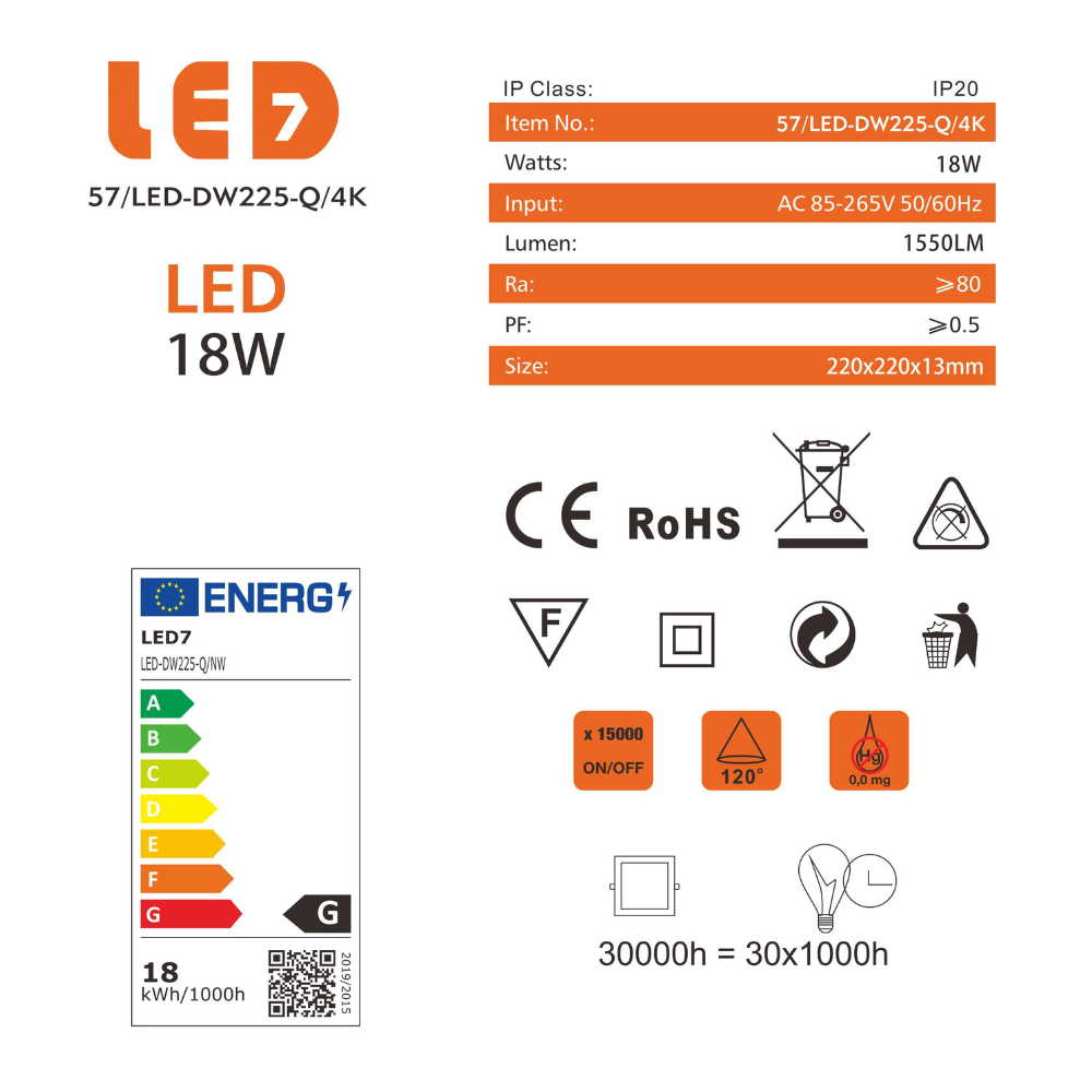 Painel Led Quadrado Encastrar 18W 1550lm LED7