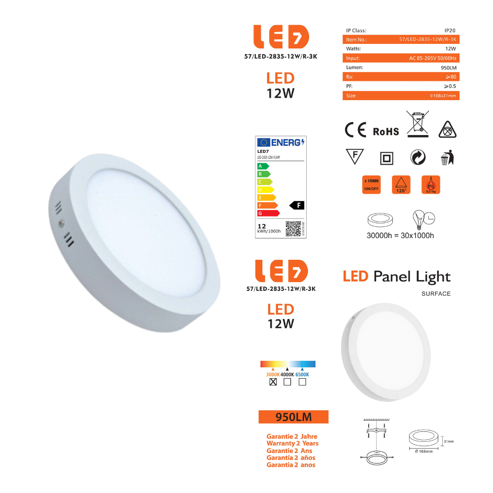 Plafon Redondo Saliente Branco 12W 950lm Ø170mm
