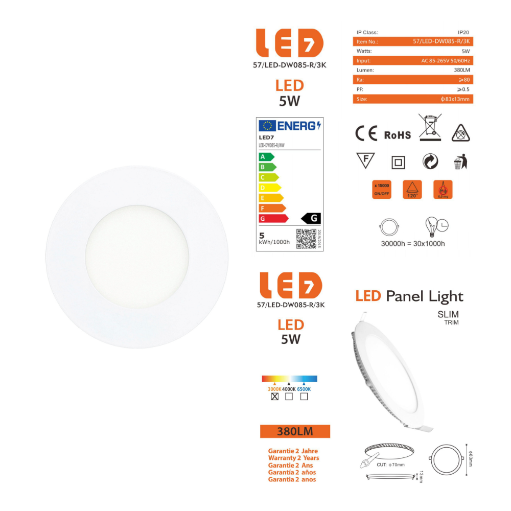 Painel Led Redondo Encastrar 5W 380lm Ø83mm LED7