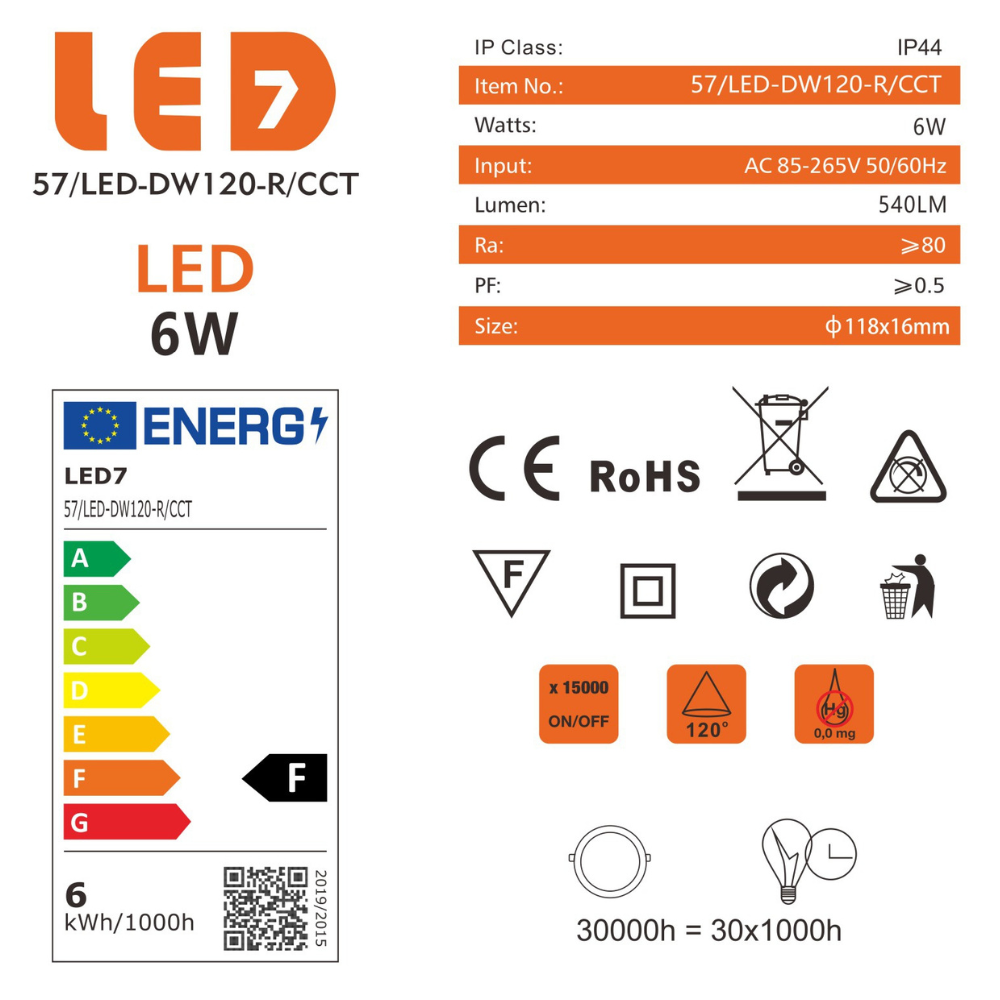 Painel LED Redondo Embutir 6W 540LM CCT Ø118*16MM IP44 LED7