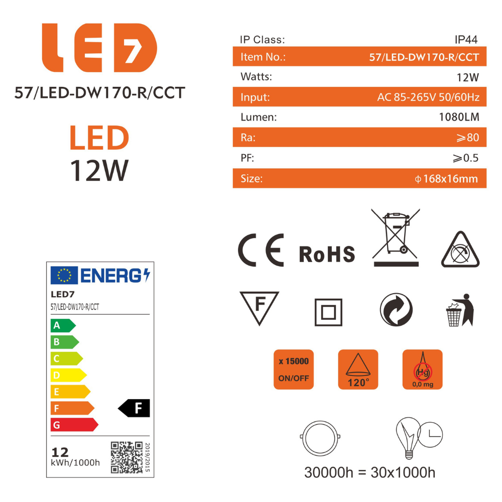 Painel LED Redondo Embutir 12W 1080LM CCT Ø168*16MM IP44 LED7