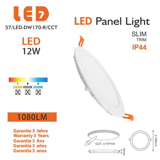 Painel LED Redondo Embutir 12W 1080LM CCT Ø168*16MM IP44 LED7