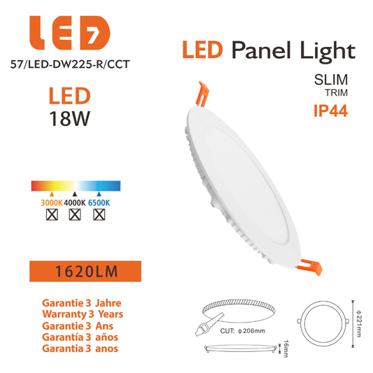 Painel LED Redondo Embutir 18W 1620LM CCT Ø221*16MM IP44 LED7