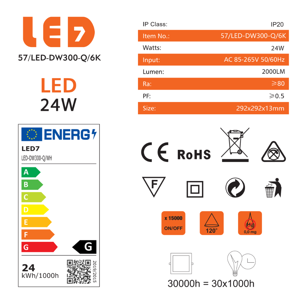 Painel Led Quadrado Encastrar 24W 2000lm LED7
