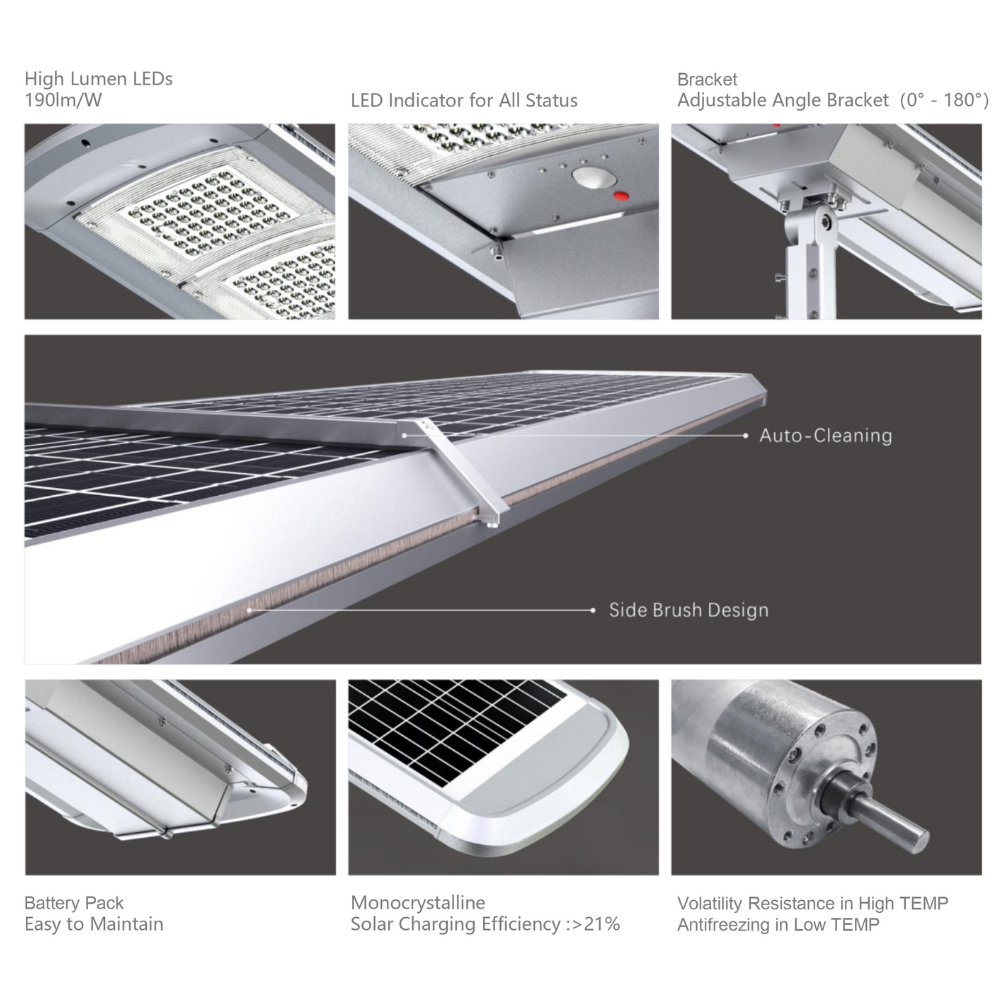 Projetor Solar Público SLL-73 3000K 60W 6000LM Limpeza Automática IP65 - iLed7.com