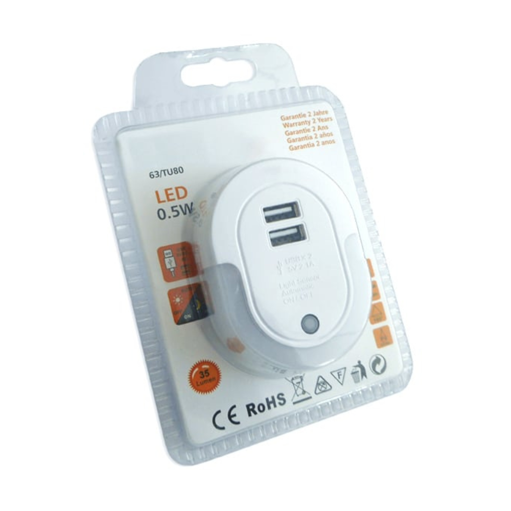Tomada c/ 2 Saídas USB + Luz Presença LED 0,5W 35Lm + Sensor Crepuscular Dia/Noite